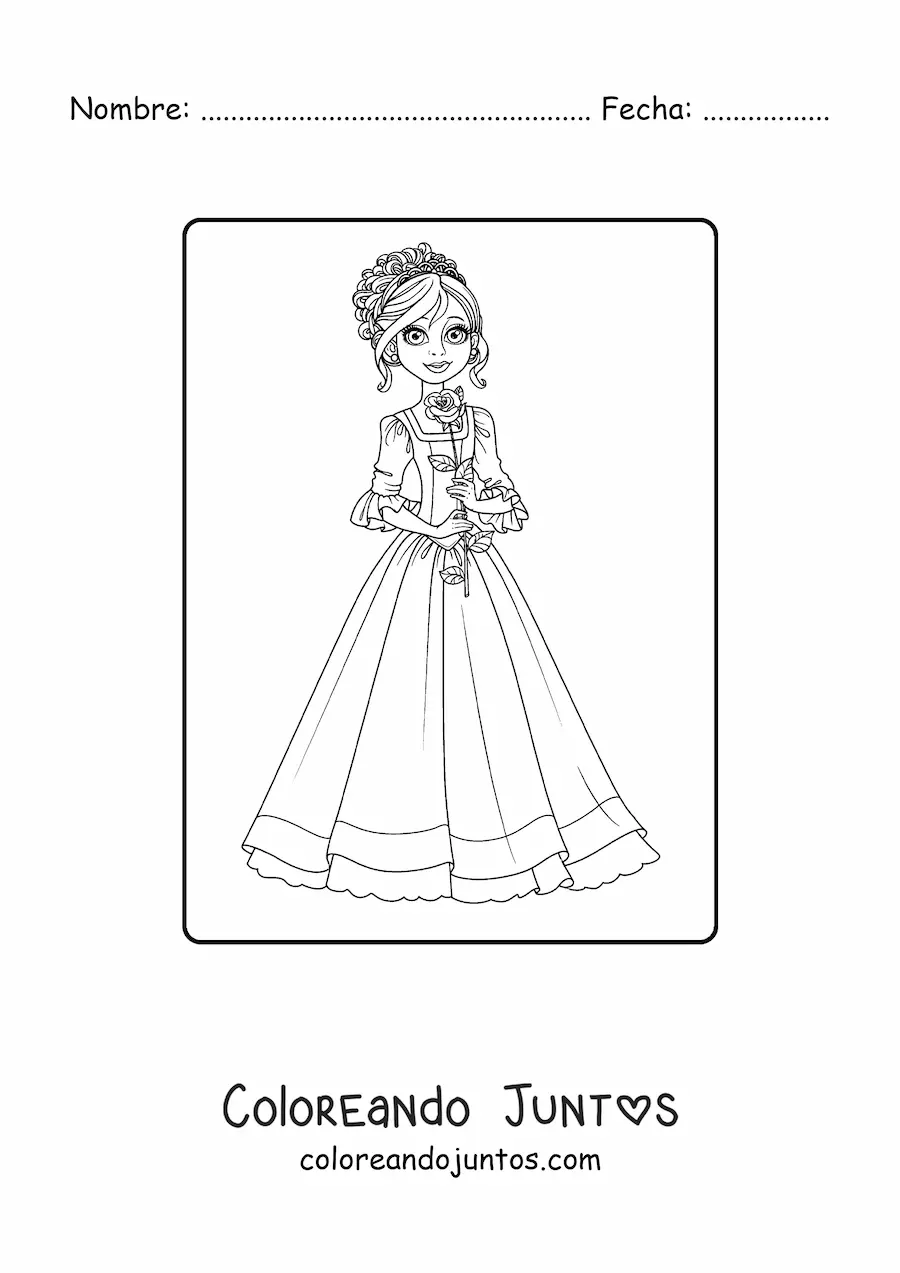 Imagen para colorear de princesa elegante con rosa