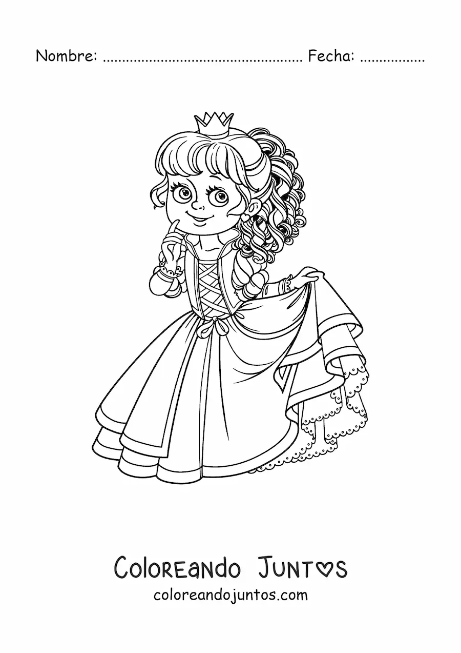 Imagen para colorear de princesa kawaii sujetando su vestido