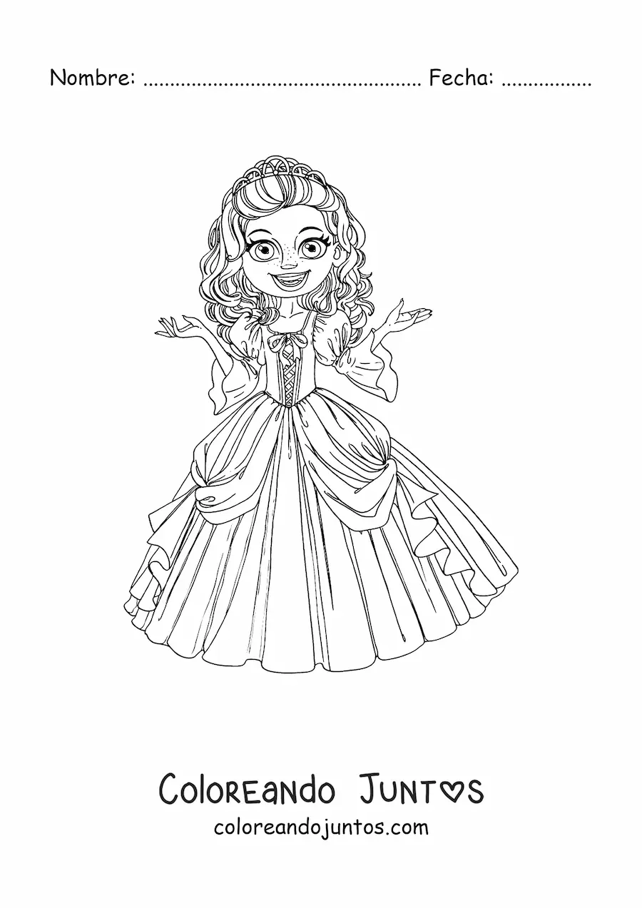 Imagen para colorear de princesa animada con bonito vestido