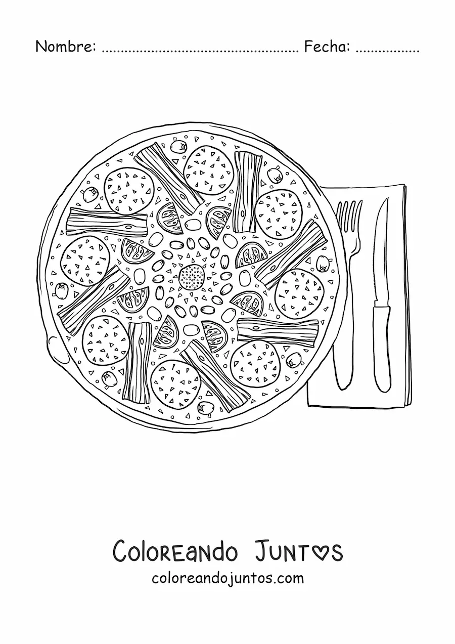 Imagen para colorear de una pizza servida junto a un par de cubiertos