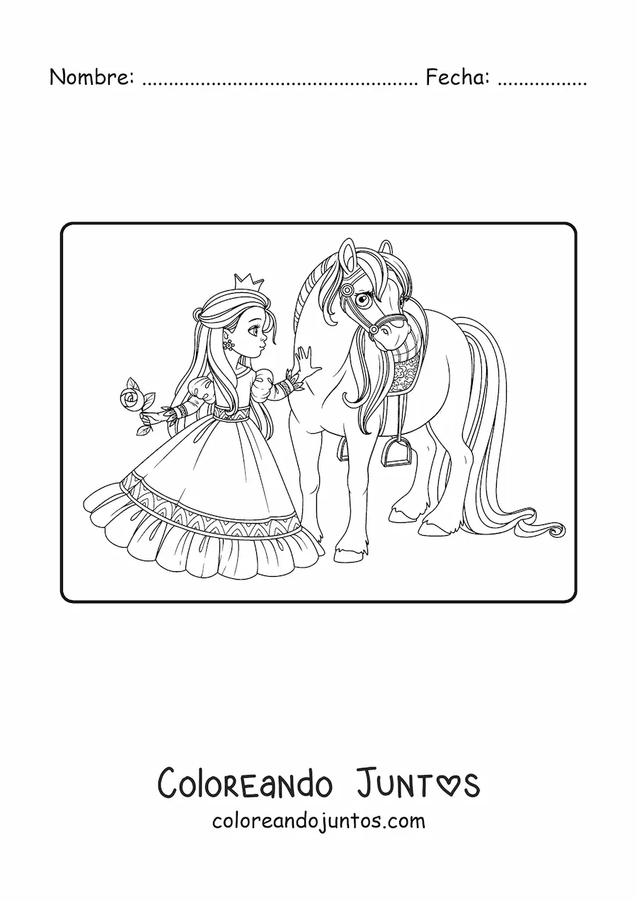 Imagen para colorear de princesa con rosa y corsel