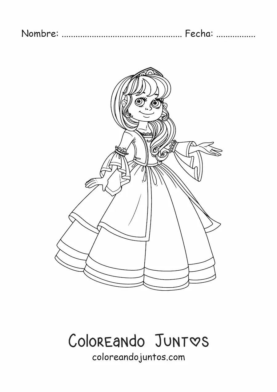 Imagen para colorear de princesa con vestido antiguo