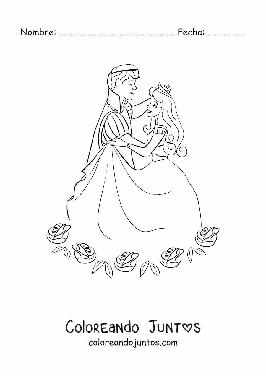 Imagen para colorear de príncipe joven bailando con princesa