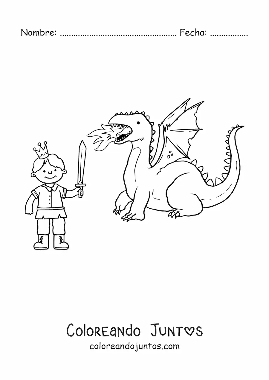 Imagen para colorear de príncipe con espada derrotando a un dragón