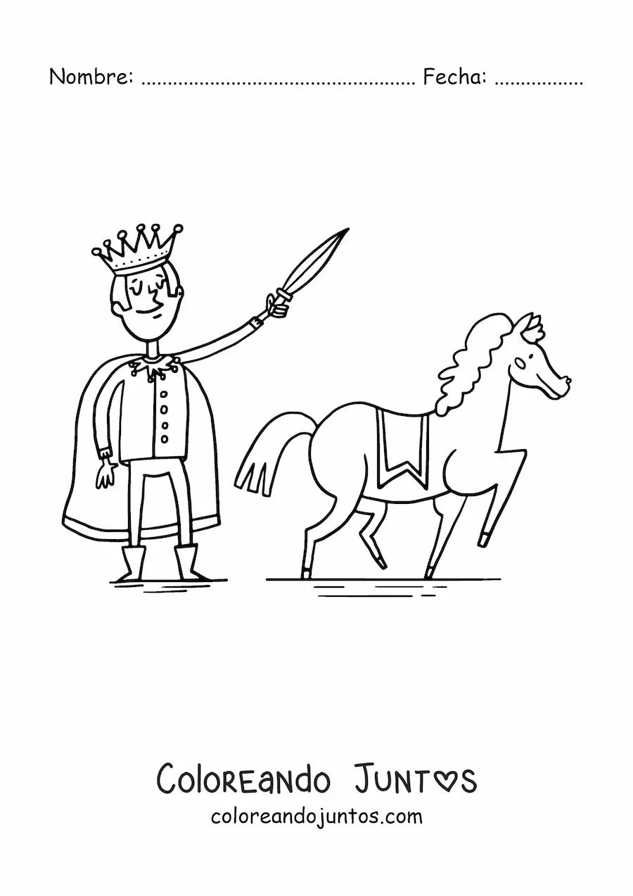 Imagen para colorear de gracioso príncipe medieval animado y su corsel