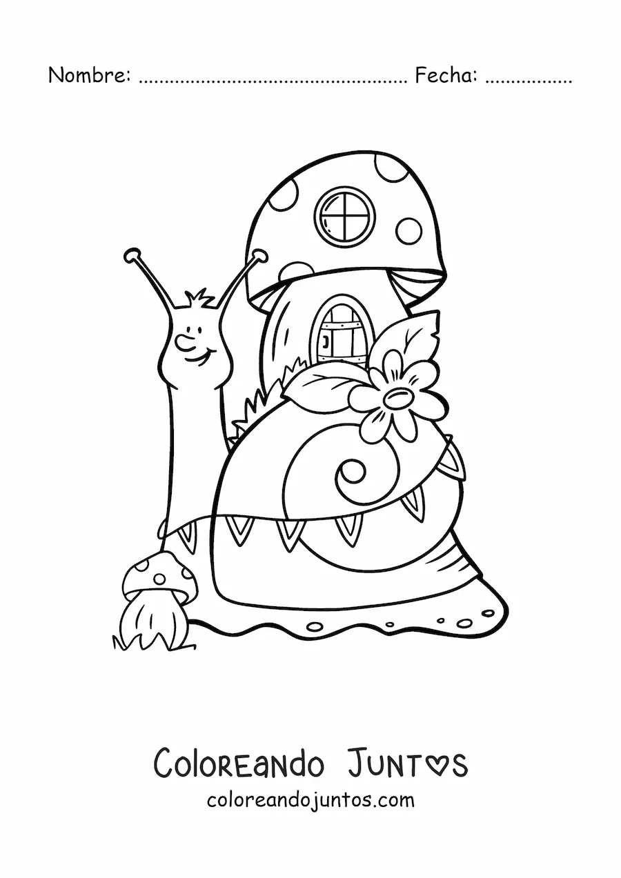 Imagen para colorear de caracol animado y casa del bosque encantado