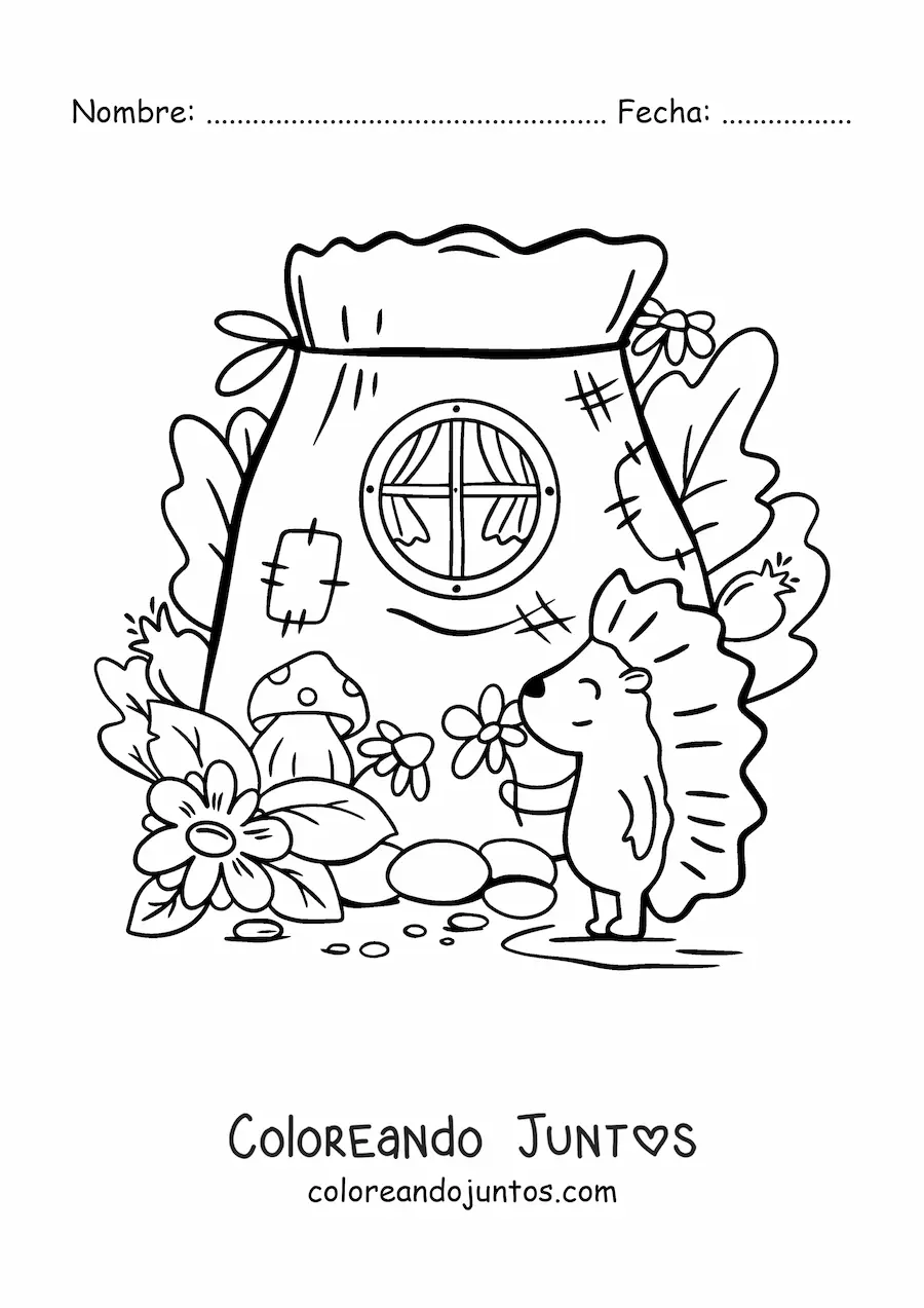 Imagen para colorear de puercoespín animado y casa del bosque encantado