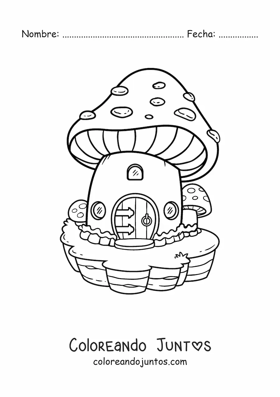 Imagen para colorear de casa con forma de hongo en el bosque encantado
