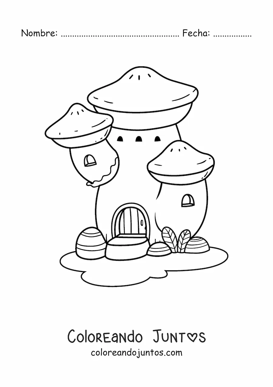 Imagen para colorear de casa con forma de hongo en el bosque encantado
