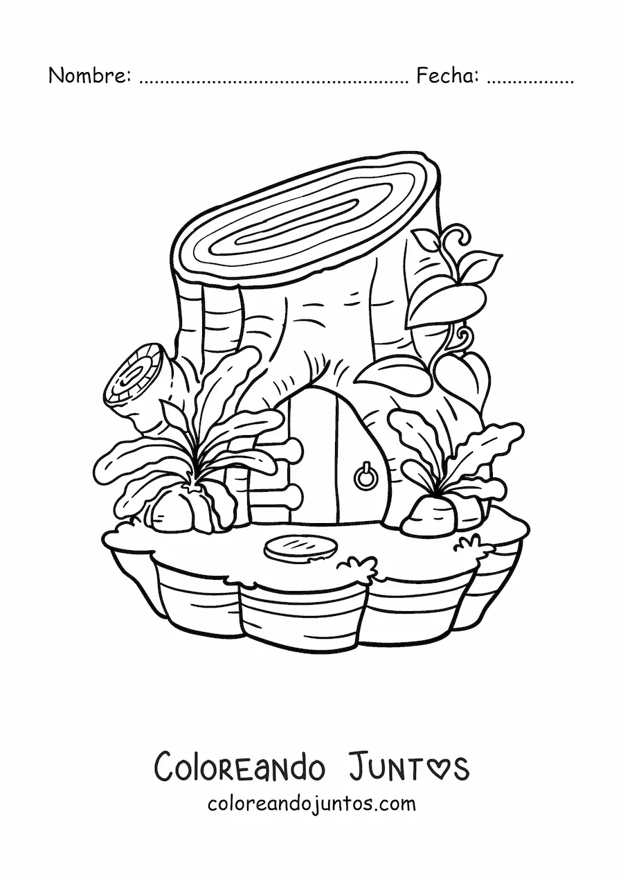Imagen para colorear de casa con forma de tronco en el bosque encantado