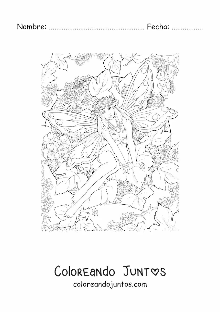 Imagen para colorear de hada realista con flores sentada en el bosque encantado