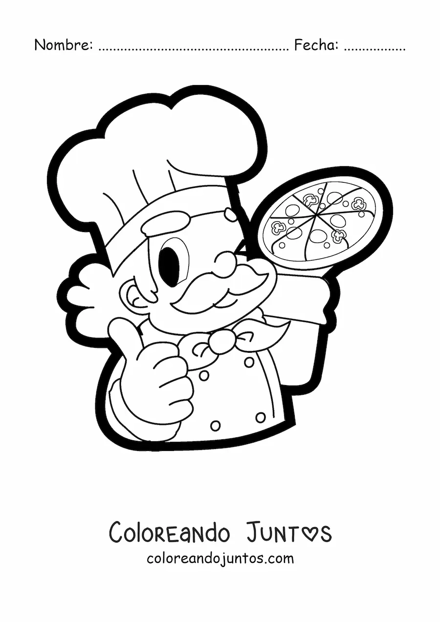Imagen para colorear de un chef con pizza en una mano