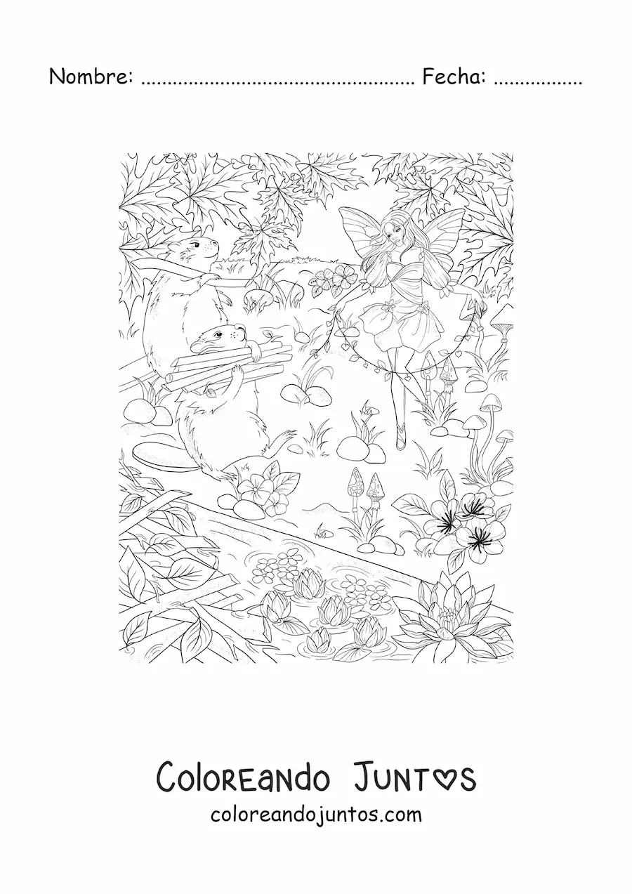 Imagen para colorear de hermosa hada de los animales con castores en el bosque encantado