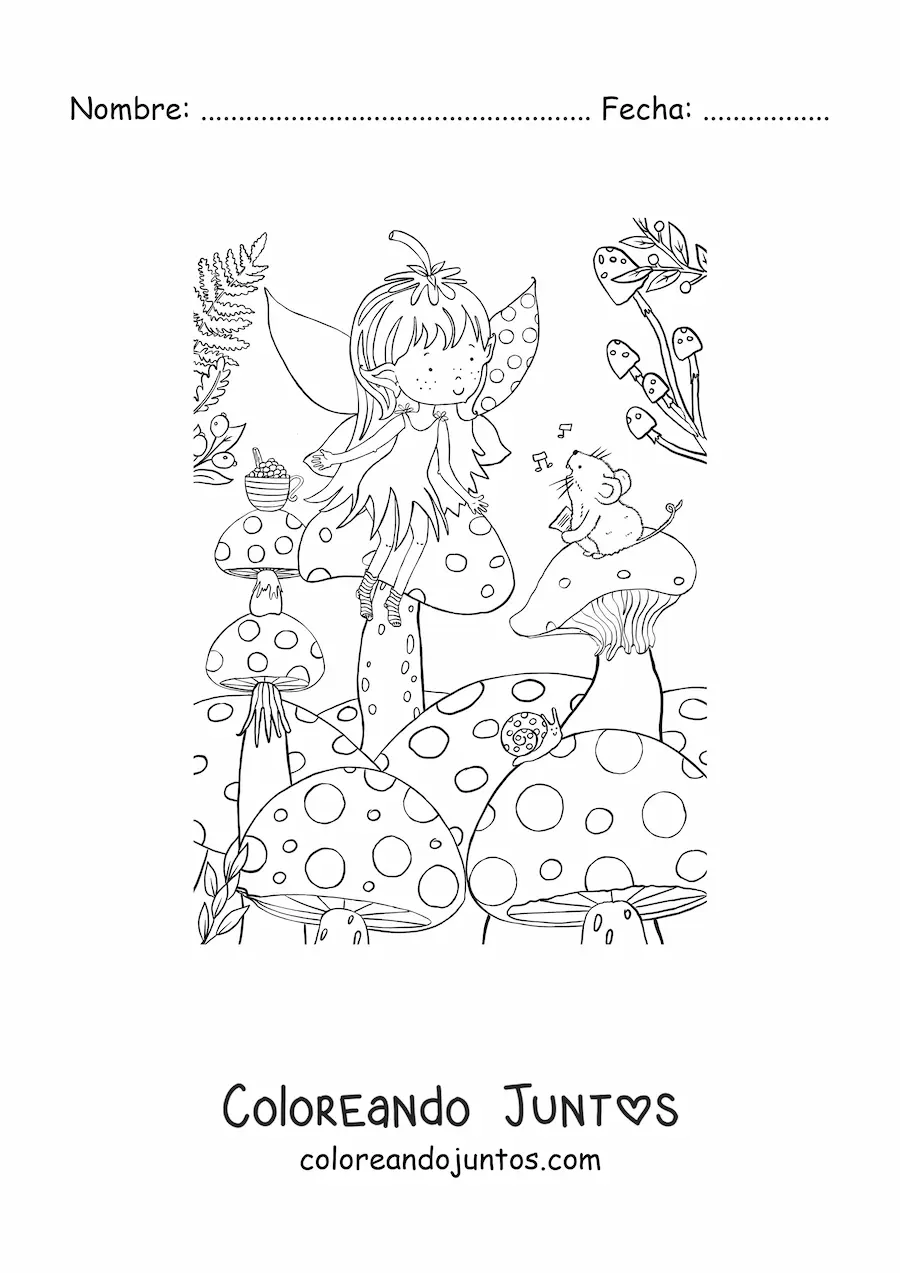 Imagen para colorear de niña hada sentada sobre un hongo con un ratón en el bosque encantado