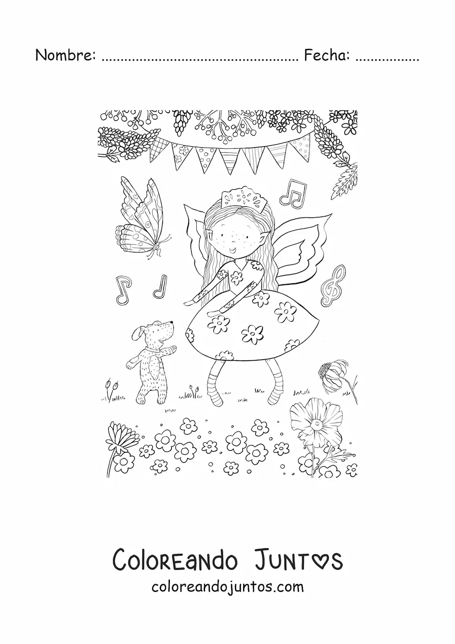 Imagen para colorear de niña hada bailando con un perro en jardín mágico