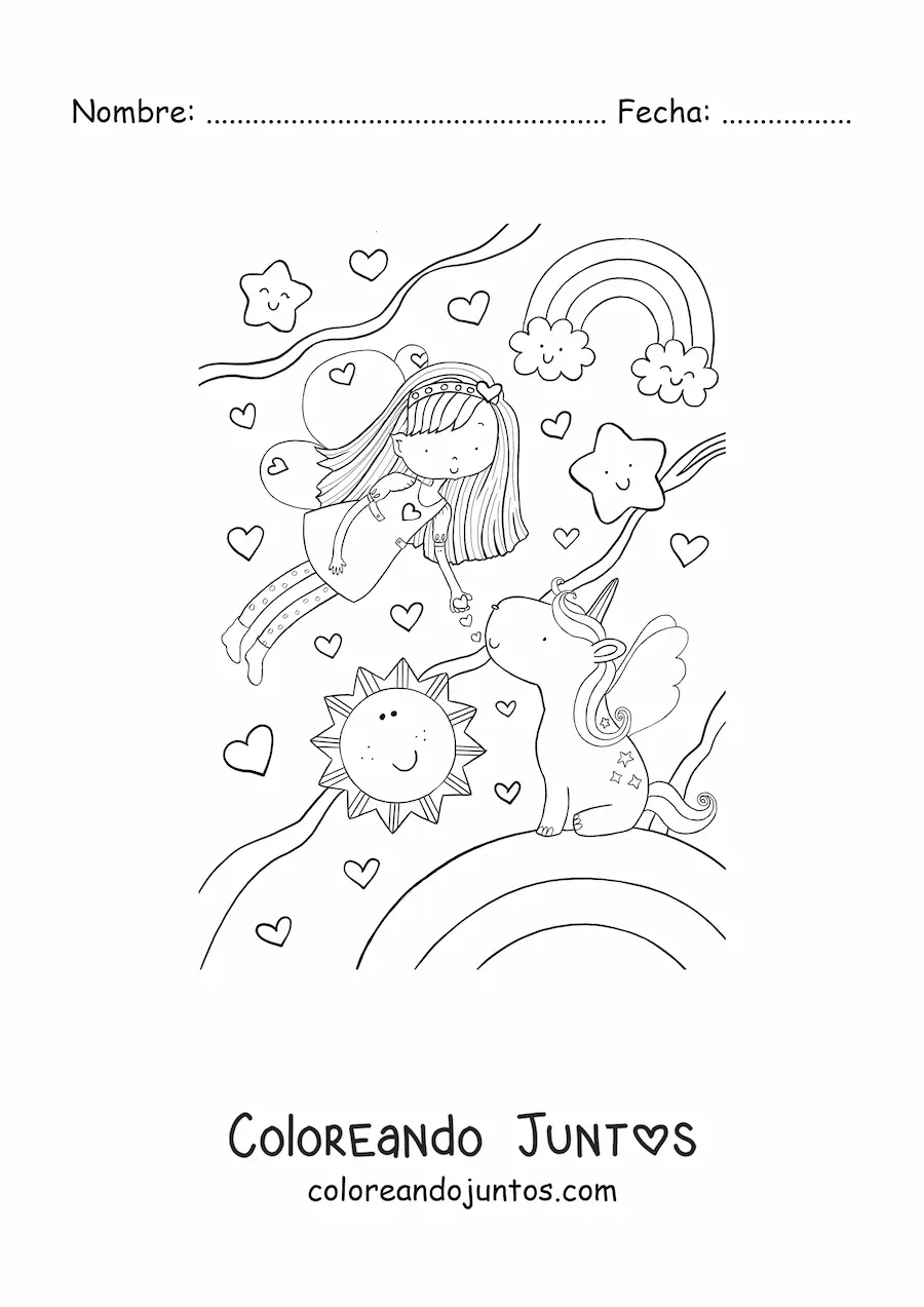 Imagen para colorear de niña hada volando con unicornio y arcoíris