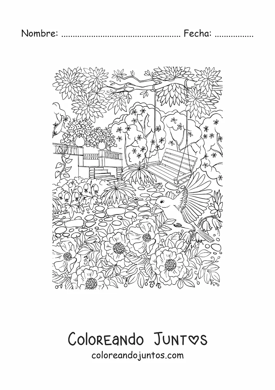 Imagen para colorear de jardín secreto con un columpio rodeado de flores y aves