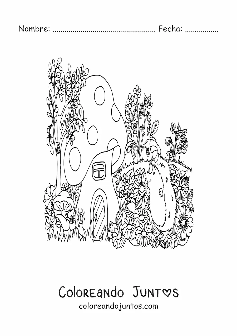 Imagen para colorear de tierno puercoespín junto a casa del bosque mágico