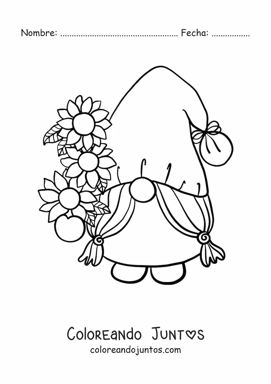 Imagen para colorear de gnomo de jardín con flores