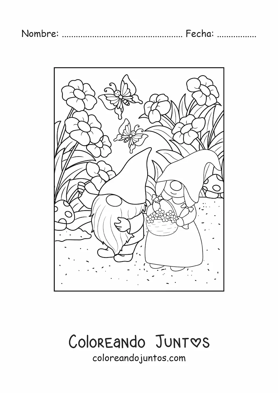 Imagen para colorear de pareja de gnomos recogiendo flores en el jardín