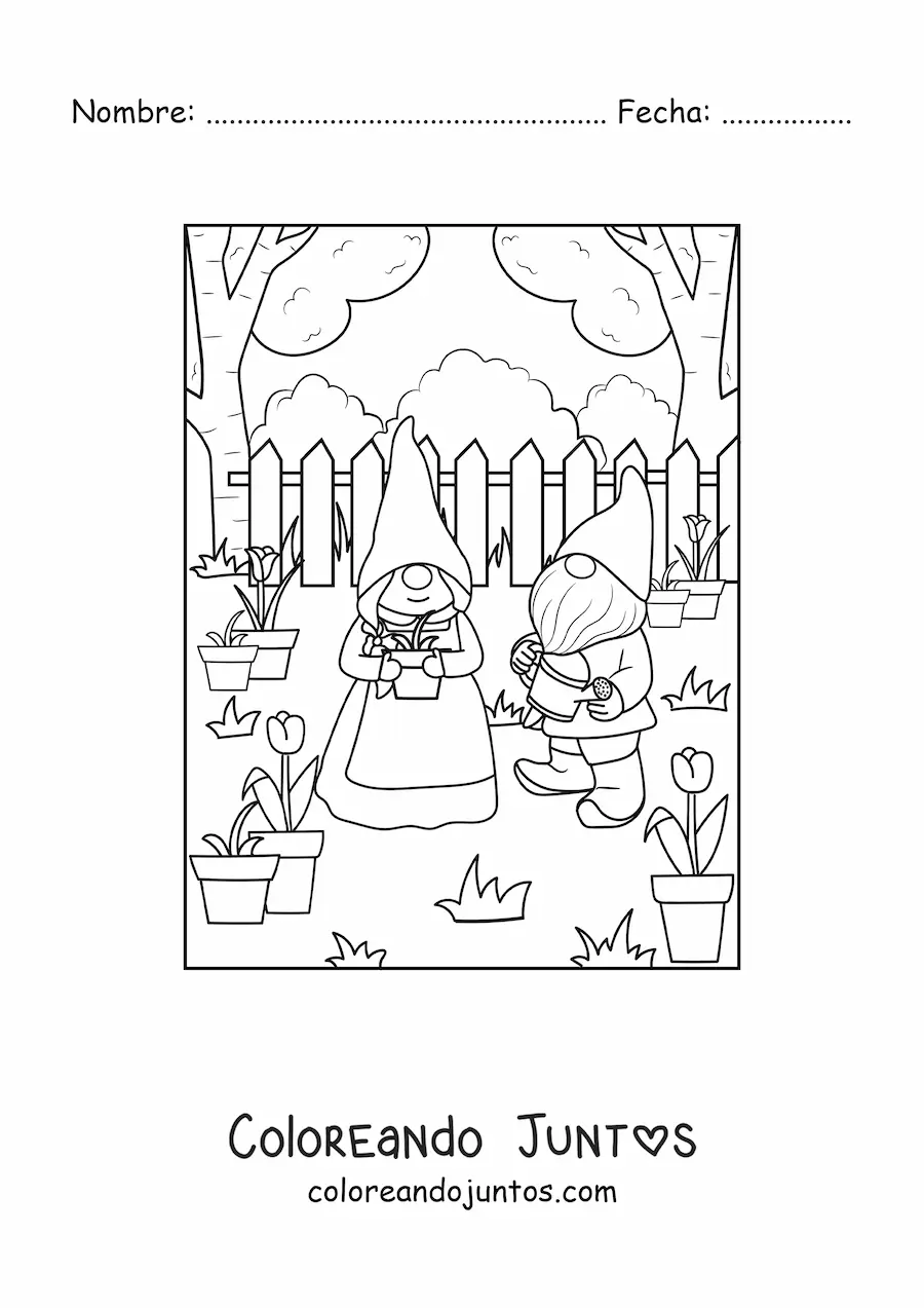 Imagen para colorear de pareja de gnomos sembrando plantas en el jardín
