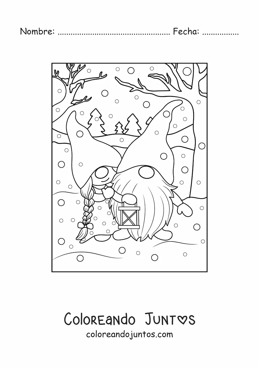 Imagen para colorear de pareja de gnomos enamorados en invierno