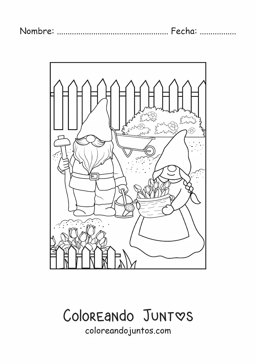 Imagen para colorear de pareja de gnomos sembrando flores en el jardín