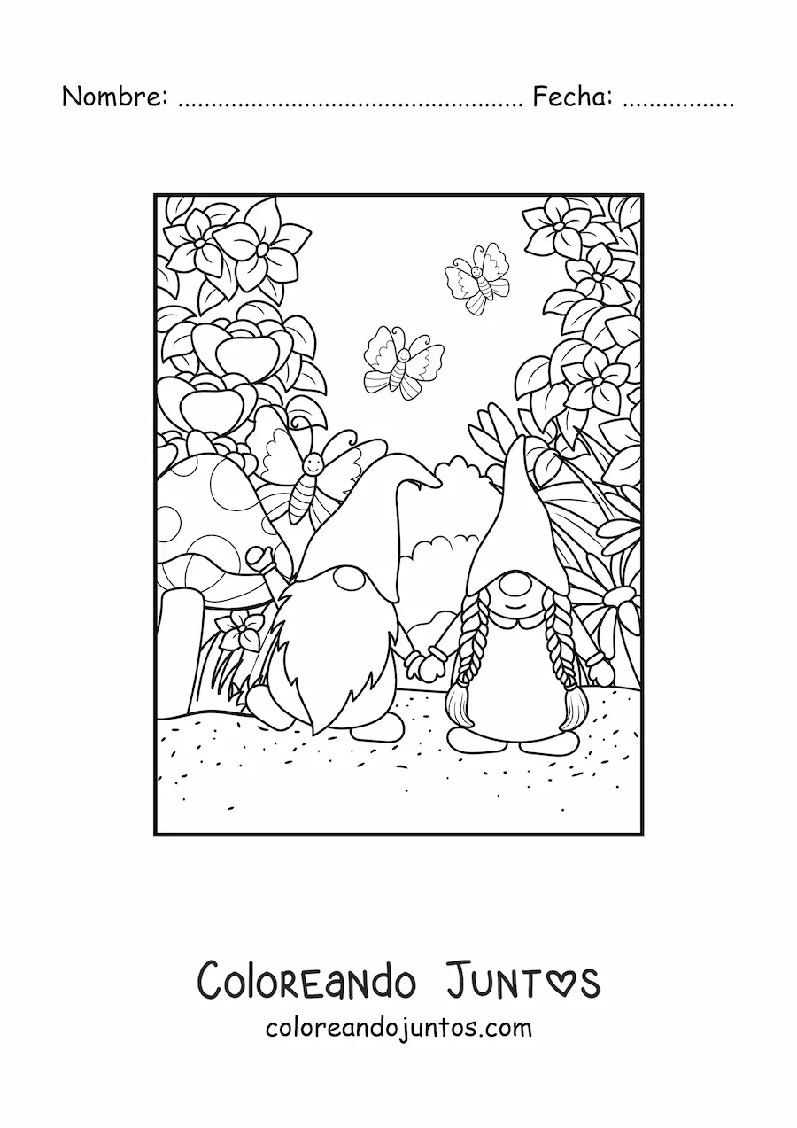 Imagen para colorear de pareja de gnomos enamorados en jardín con mariposas y flores