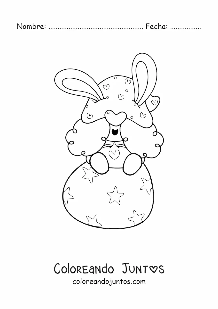 Imagen para colorear de gnomo sentado en un huevo de Pascua