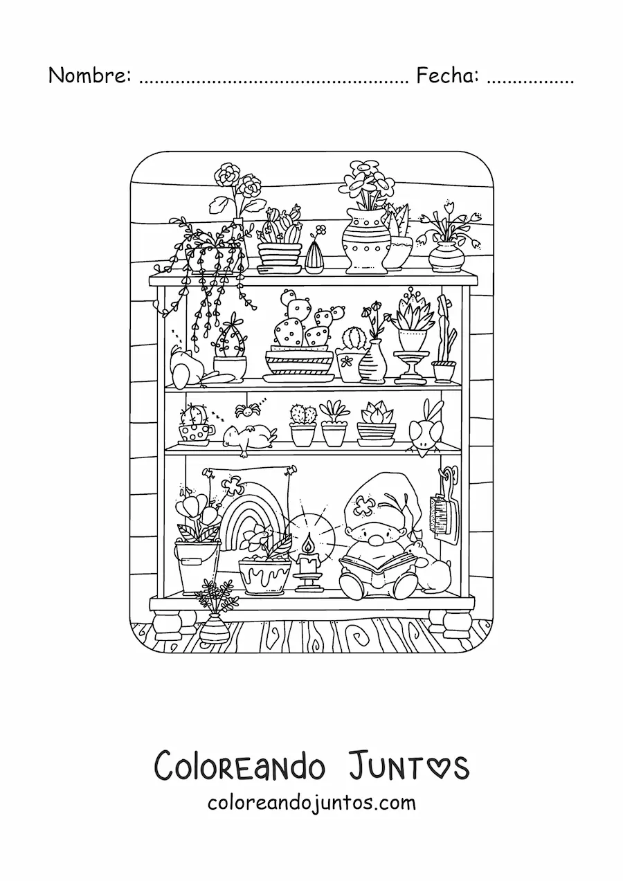 Imagen para colorear de gnomo leyendo en un estante con plantas