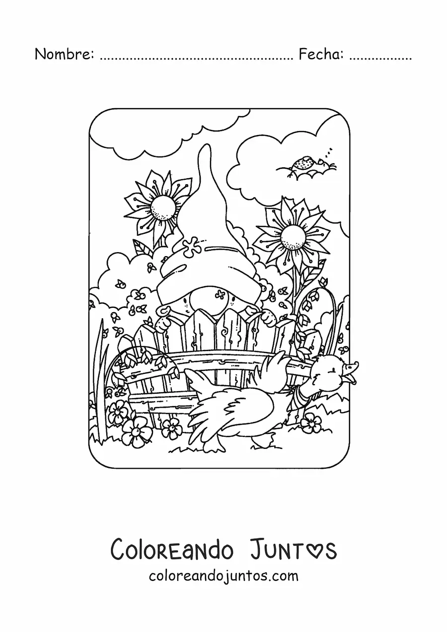 Imagen para colorear de gnomo tierno en jardín con flores