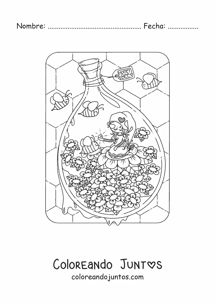 Imagen para colorear de gnomo sentado en jardín con abejas