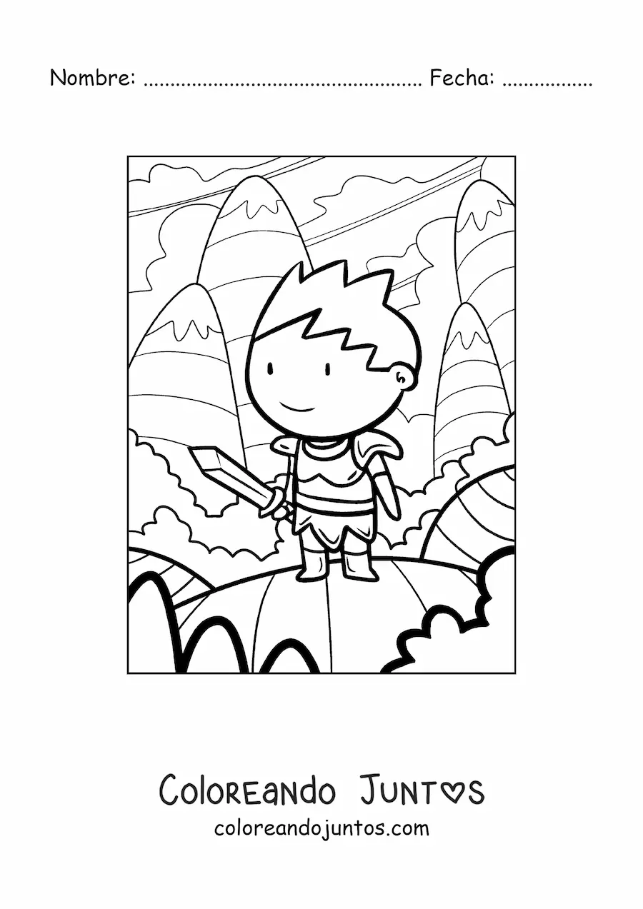 Imagen para colorear de caballero animado con espada en las montañas
