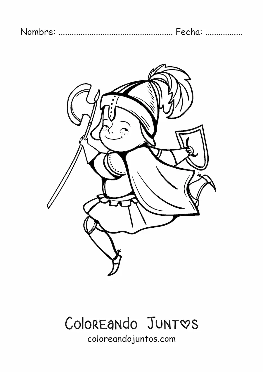 Imagen para colorear de caballero de la Edad Media animado saltando