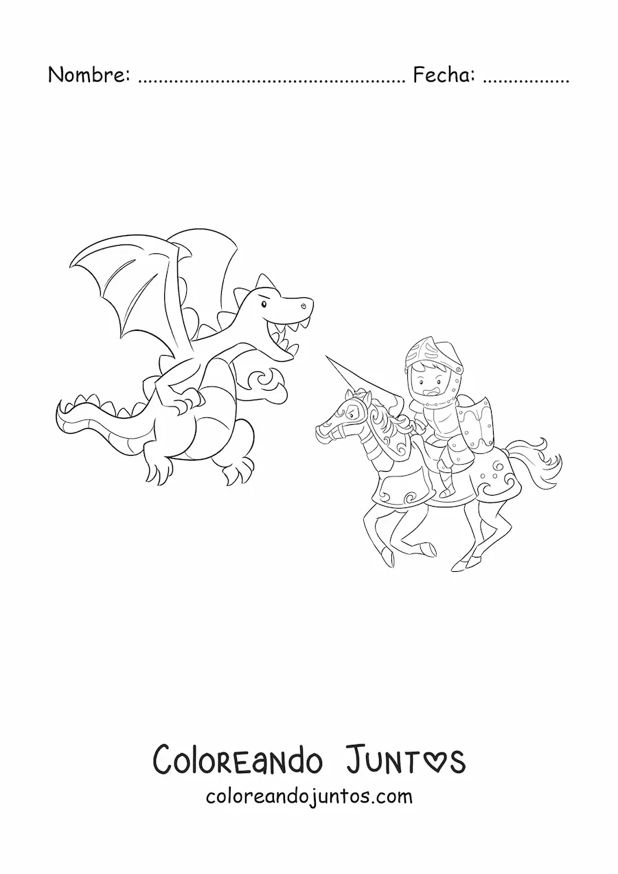 Imagen para colorear de caballero heroico animado peleando contra un dragón