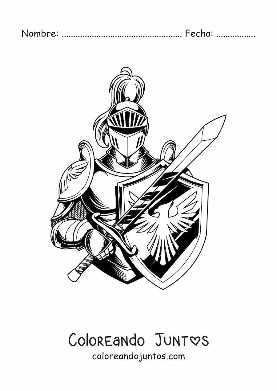 Imagen para colorear de caballero realista con espada y escudo