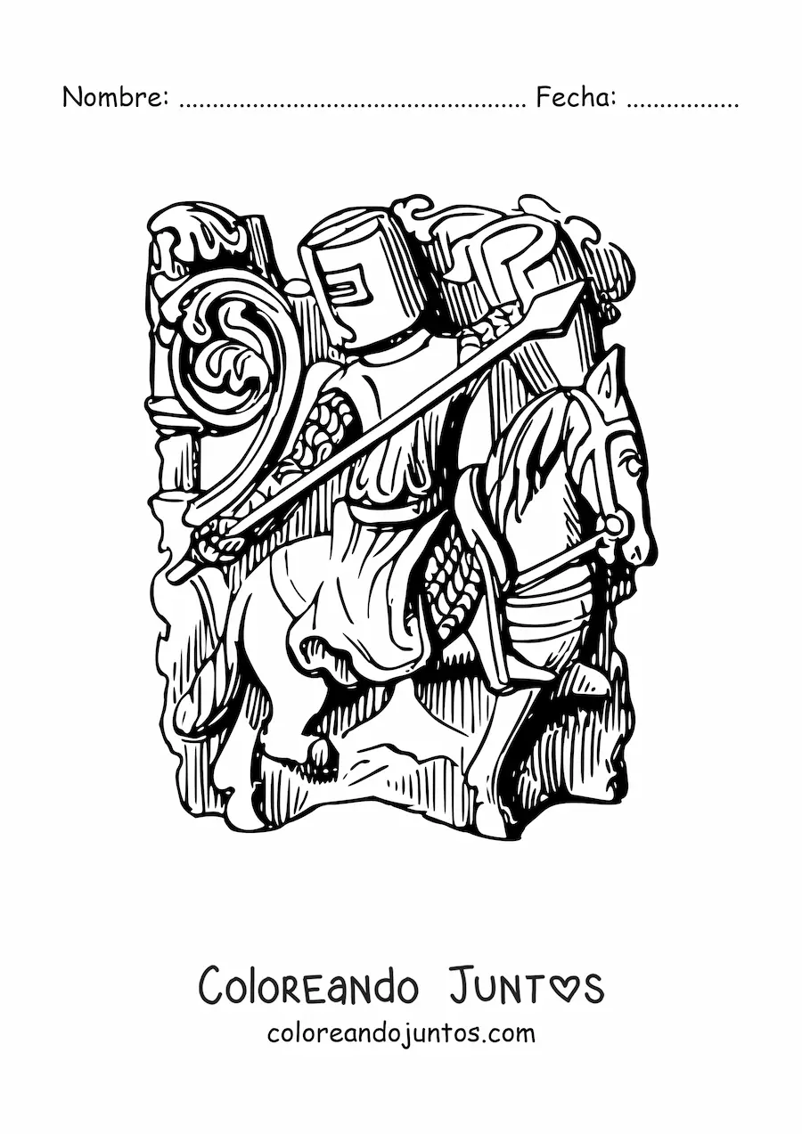Imagen para colorear de caballero con lanza y escudo en su corcel