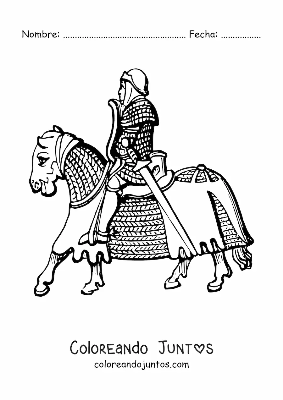 Imagen para colorear de caballero montando un caballo con armadura
