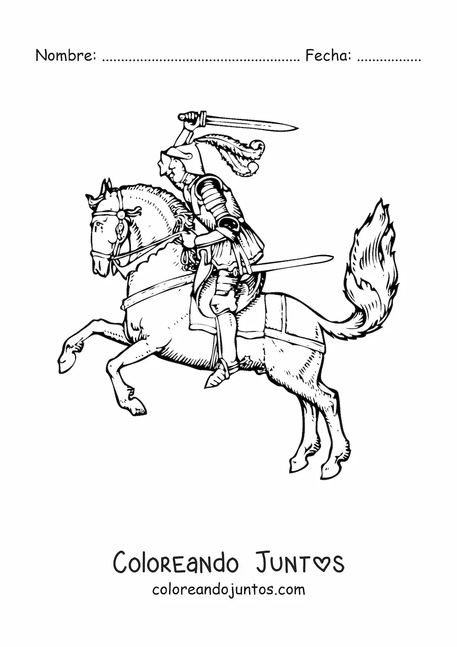 Imagen para colorear de caballero de brillante armadura en su corcel