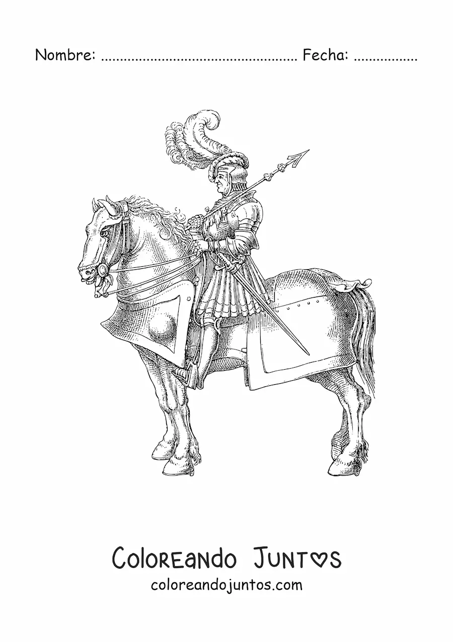Imagen para colorear de caballero realista de brillante armadura en su corcel