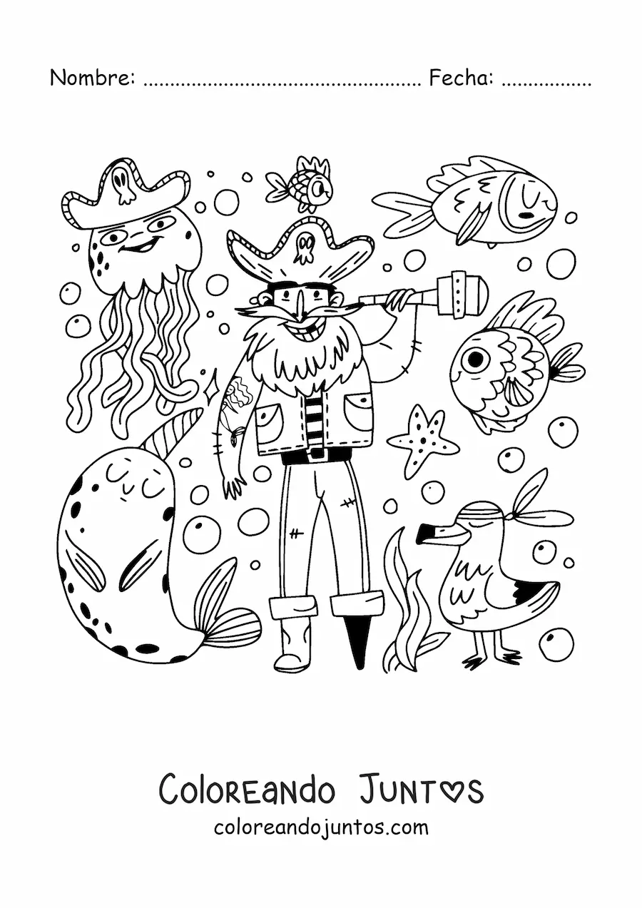 Imagen para colorear de viejo pirata animado con animales del mar