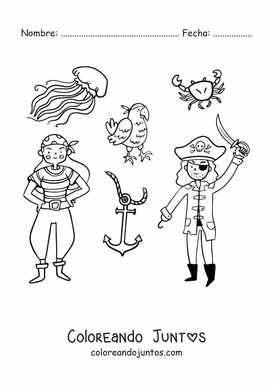 Imagen para colorear de pirata con chica pirata y un loro