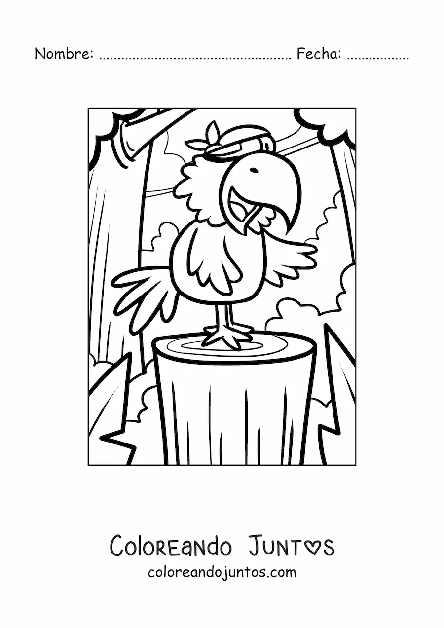 Imagen para colorear de loro pirata animado en una isla