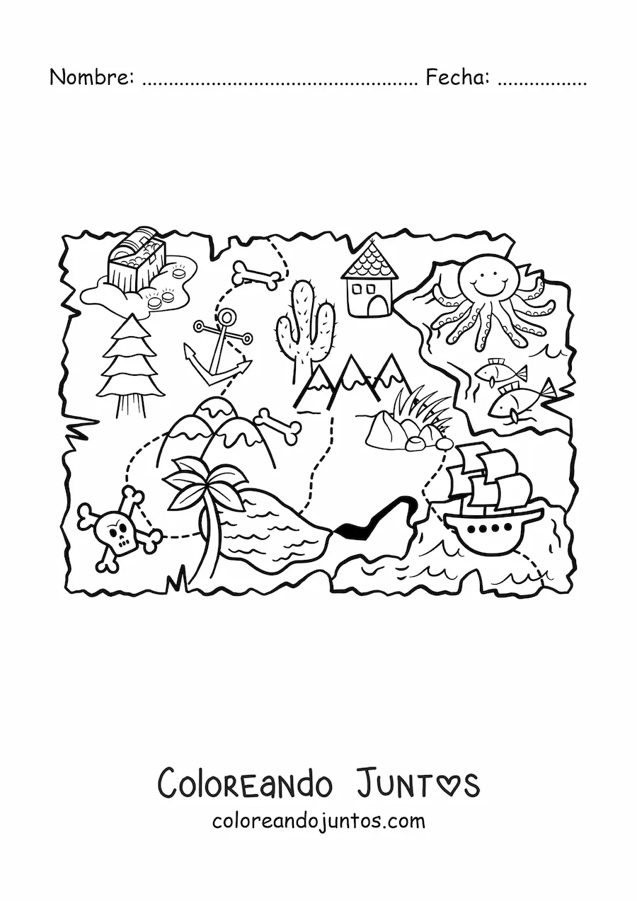 Imagen para colorear de mapa del tesoro oculto en la isla