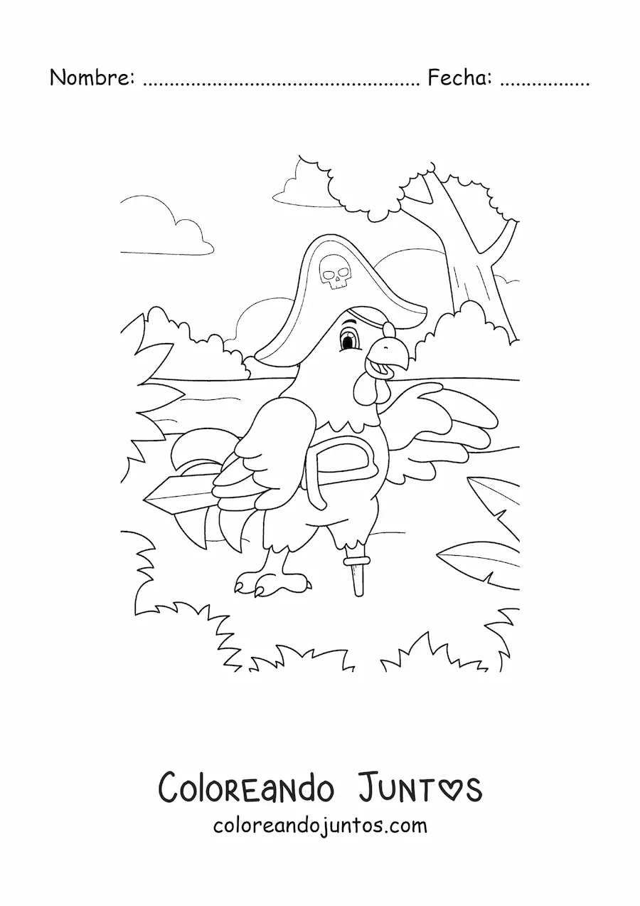 Imagen para colorear de gallina pirata animada en la isla del tesoro con espada