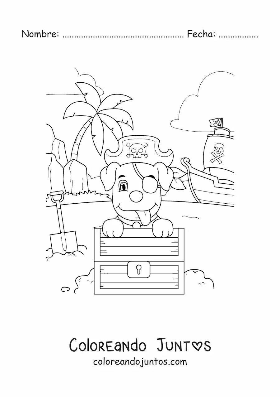 Imagen para colorear de perro pirata animado desenterrando un tesoro frente a su barco