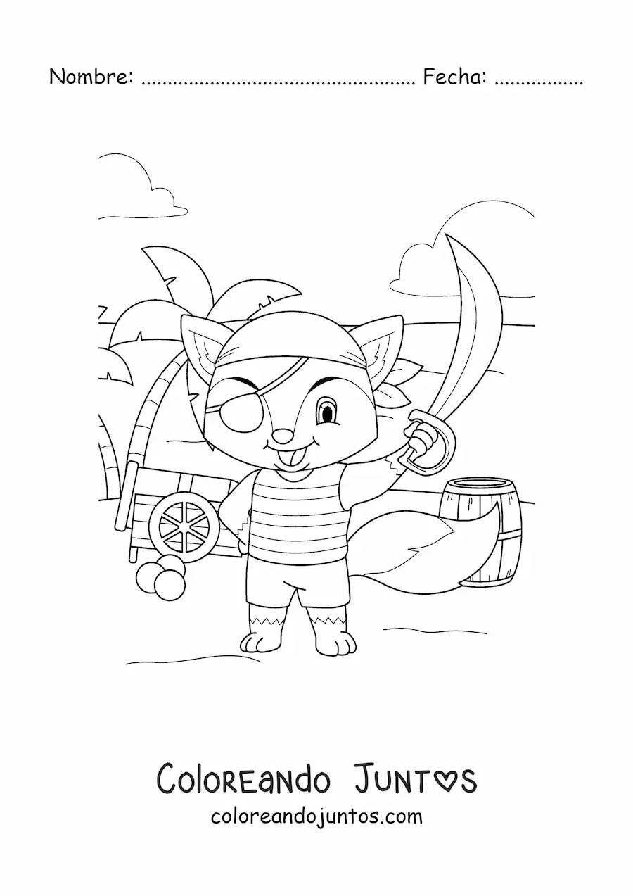 Imagen para colorear de zorro pirata animado en la isla del tesoro