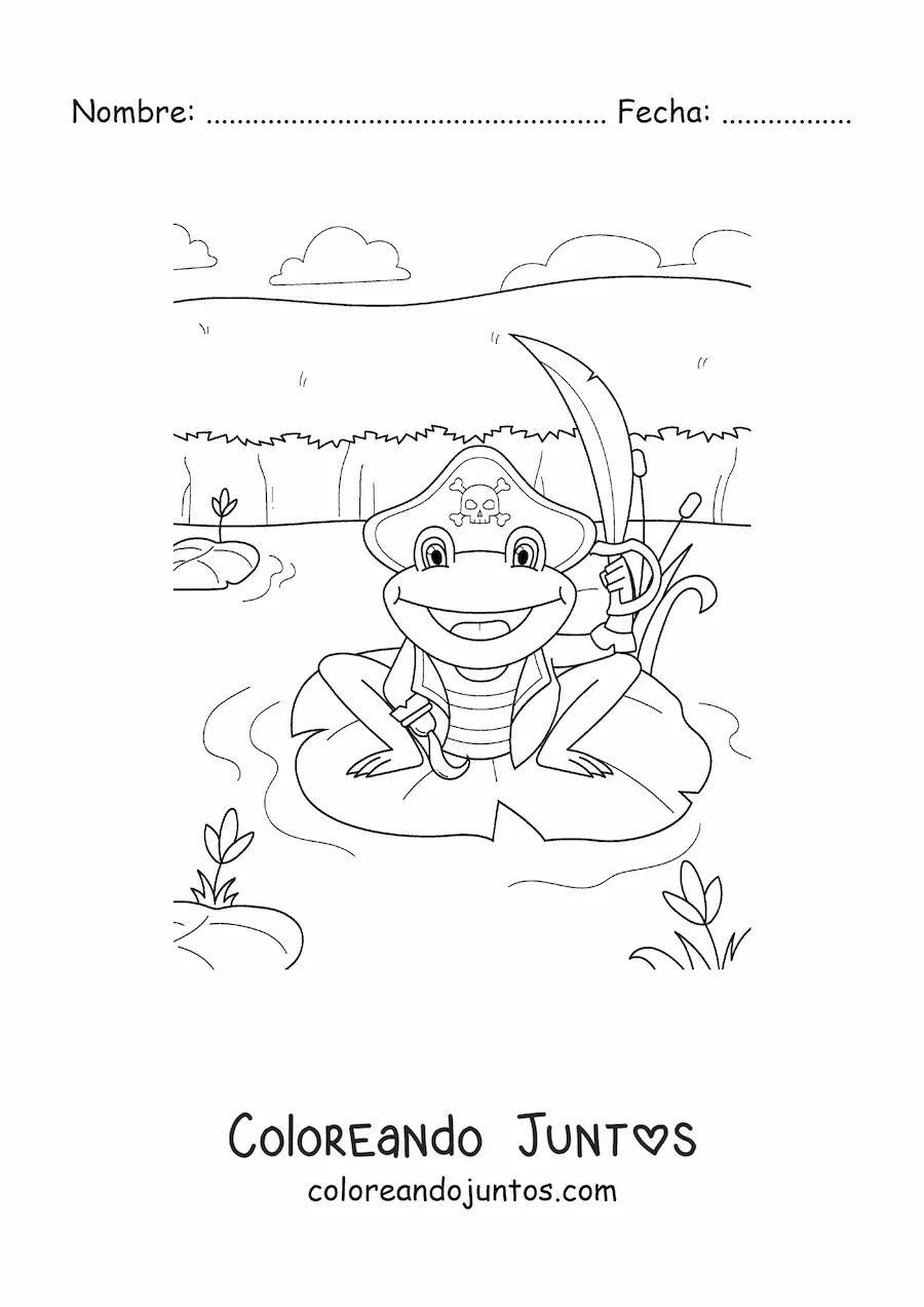 Imagen para colorear de rana pirata animada en su pantano