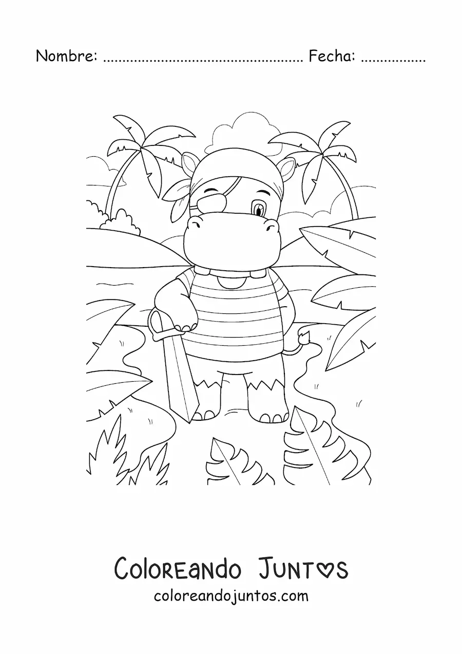 Imagen para colorear de hipopótamo pirata animado en la isla del tesoro