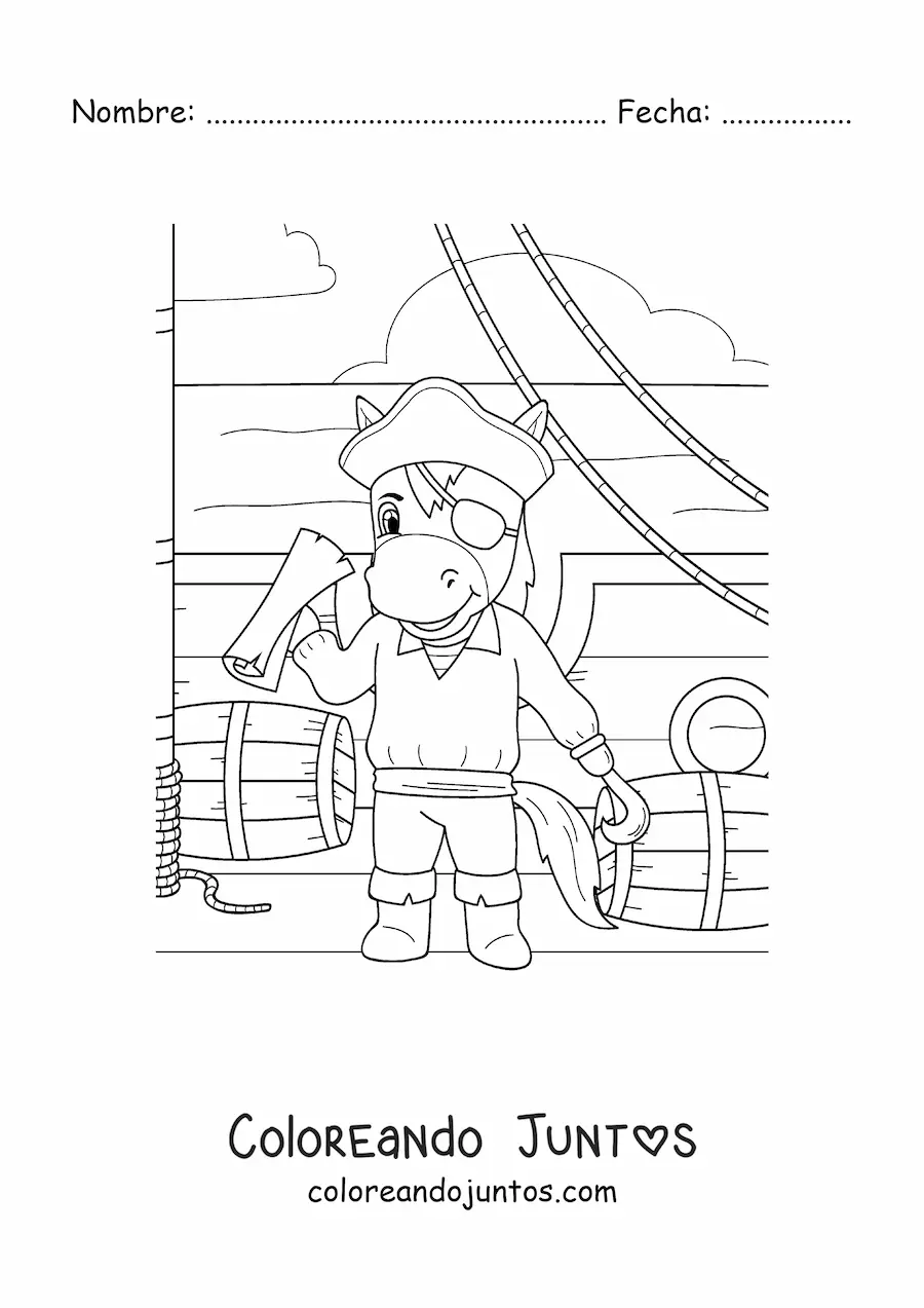 Imagen para colorear de caballo pirata animado en un barco pirata